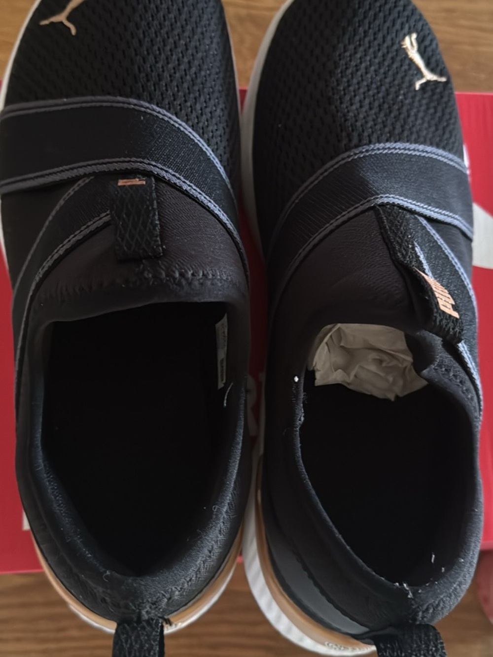 Puma Slip-On Mesh SoftRide Athletic Shoes in Black and Gold - Picture 3 of 5
